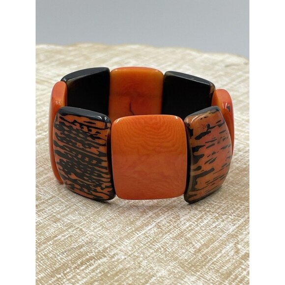 Tagua Nut Wide Stretch Cuff Bracelet Orange Brown - Picture 4 of 8